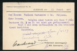 Firma briefkaart ALKMAAR 1914 met langebalkstempel ALKMAAR naar Helpman.