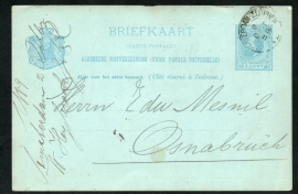 Particulier postwaardestuk bedrukt AMSTERDAM met kleinrondstempel (traject) AMSTERDAM-ZUTPHEN naar Osnabruck, Duitsland.