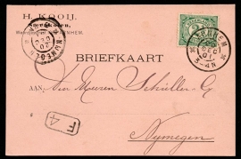 Firma briefkaart ARNHEM 1901 met grootrondstempel ARNHEM naar NIJMEGEN.