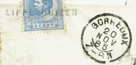 LIPPENHUIZEN 1885. Cover met langstempel LIPPENHUIZEN en kleinrondstempel GORREDIJK naar LEEUWARDEN.
