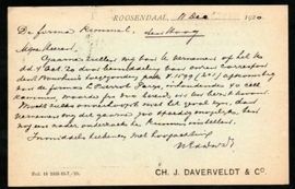 Firma briefkaart ROOSENDAAL 1920 met kortebalkstempel ROOSENDAAL naar Den Haag.