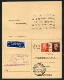 Eerste rechtstreekse KLM vlucht ASTERDAM-PARAMARIBO op particuliere briefkaart van het Wilhelminafonds. Met betaald antwoord. Retourkaart.
