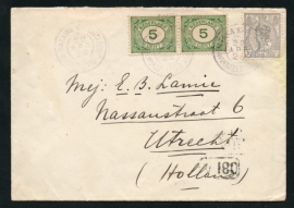 Firma cover ROTTERDAM 1924 met grootrondstempel POSTAGENT ROTTERDAM-BATAVIA naar UTRECHT.