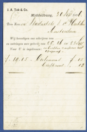 Firma briefkaart MIDDELBURG 1896 met grootrondstempel MIDDELBURG naar AMSTERDAM.