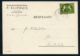 Firma briefkaart SAPPEMEER 1945 met langebalkstempel SAPPEMEER naar Pekela.