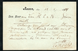 Firma briefkaart ASSEN 1904 met grootrondstempel ASSEN naar GRONINGEN.