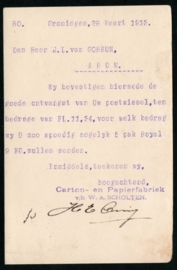 Firma briefkaart GRONINGEN 1913 met langebalkstempel GRONINGEN naar ARUM.
