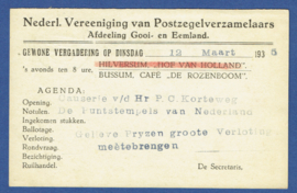 Particulier postwaardestuk, Nederl. Vereeniging van Postzegelverzamelaars, Afdeling Gooi- en Eemland. 1935. V-Kaart.