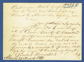 G - Briefkaart met traject takjestempel ALMELO-ENSCHEDE en haltestempel ALMELO naar GOOR.