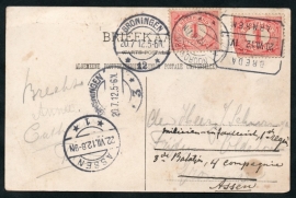 Briefkaart gestuurd naar GRONINGEN en doorgestuurd naar Infanterie in ASSEN. Op Ansichtkaart NIJMEGEN, Belvedere.