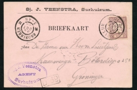 Firma briefkaart SURHUIZUM met grootrondstempel KOLLUM naar GRONINGEN.