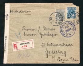 Censuur cover met langebalkstempel AMSTERDAM naar Duitsland. Aangetekend.