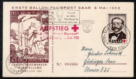Saar. Eerste dag kaart met ballonpost. 3 Mei 1953.