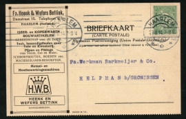 Firma briefkaart HAARLEM 1914 met automaatstempel HAARLEM naar Helpman.