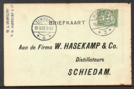 Firma briefkaart SCHIEDAM 1909 met Langebalkstempel HOORN naar SCHIEDAM.