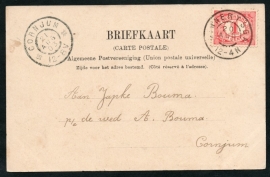 Briefkaart met grootrondstempel MINNERTSGA naar CORNJUM. Op ansichtkaart AMSTERDAM, Hooge Sluis.