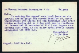 Firma briefkaart MEPPEL 1914 met langebalkstempel MEPPEL naar Helpman.