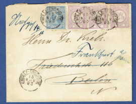 Cover met mengfrankering emissie 1876 en 1891 met traject stempel ZWOLLE - ENSCHEDE naar Duitsland.