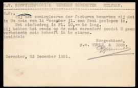 Firma briefkaart DEVENTER 1931 met kortebalkstempel DEVENTER naar Helpman.