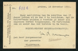 Firma briefkaart ARNHEM 1921 met vlagstempel ARNHEM-STATION naar Vlagtwedde.