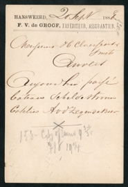 Particulier postwaardestuk bedrukt, HANSWEERT. F.V. de Groof. Met kleinrondstempel HANSWEERT naar  Antwerpen, België.