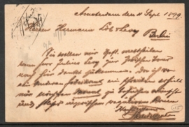 Firma briefkaart AMSTERDAM 1899 met grootrondstempel AMSTERDAM naar Berlijn.