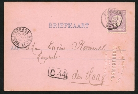 Firma briefkaart ALKMAAR 1893 met kleinrondstempel ALKMAAR naar 's GRAVENHAGE. Met bedrijfsnaam inslag.