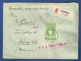 Aangetekende censuur cover met jubileum 1913 nvph 97 enkelfrankering van GRONINGEN naar Wenen, Oostenrijk.