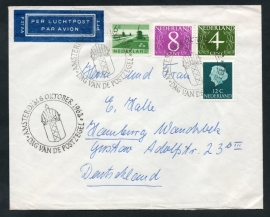 Luchtpostcover van AMSTERDAM naar Duitsland met frankering GOUDA ZEGELS (fluorescerende zegels). DAG VAN DE POSTZEGEL AMSTERDAM 6 OCTOBER 1962.