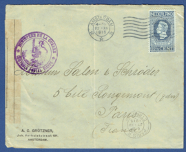 Censuur cover 1915 van AMSTERDAM naar Parijs. MINISTERRE DE LA GUERRE. POSTES ET TELEGRAPHES.