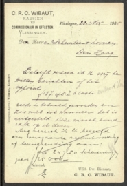 Firma briefkaart VLISSINGEN 1905 met grootrondstempel VLISSINGEN naar `S GRAVENHAGE.