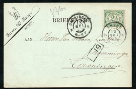 Firma briefkaart ASSEN 1904 met grootrondstempel ASSEN naar GRONINGEN.