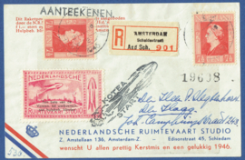 Raketpost 1945. Aangetekend Amsterdam Scheldestraat. Nederlandsche Ruimtevaart Studio.