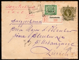 G - Cover met vierkantstempel DJOKJAKARTA en JAVA opdruk postzegel naar Zurich. Aangetekend.