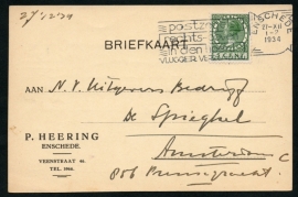 Firma briefkaart ENSCHEDE 1934 met vlagstempel ENSCHEDE naar Amsterdam.