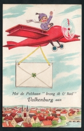 VALKENBURG, Met de Pelikaan breng ik u heel Valkenberg aan. Met 10 mini ansichten achter de envelop. Gelopen kaart.