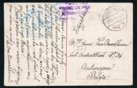 Briefkaart met langebalkstempel HARDERWIJK naar België. Krijgsdienst. op ansichtkaart Harderwijk. Internering.