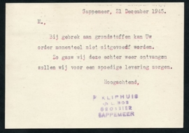 Firma briefkaart SAPPEMEER 1945 met langebalkstempel SAPPEMEER naar Pekela.