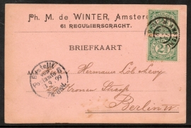 Firma briefkaart AMSTERDAM 1899 met grootrondstempel AMSTERDAM naar Berlijn.