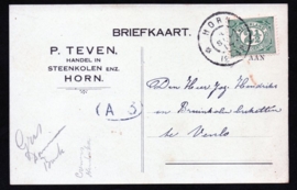 Firma briefkaart HORN 1914 met grootrondstempel HORN naar Venlo.