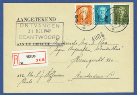 Briefkaart met kortebalkstempel VENLO naar Amsterdam. Aangetekend.