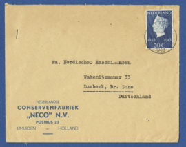 Firma cover IJMUIDEN 1948 van IJMUIDEN naar Luebeck, Duitsland.