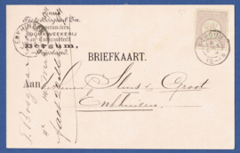 Firma briefkaart BERGUM (Friesland) 1894 met kleinrondstempel BERGUM naar ENKHUiZEN.