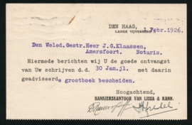 Firma briefkaart DEN HAAG 1926 met vlagstempel 's GRAVENHAGE naar Amersfoort.