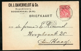 Firma briefkaart ROOSENDAAL 1920 met kortebalkstempel ROOSENDAAL naar Den Haag.