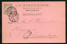 Firma briefkaart ROTTERDAM 1894 met kleinrondstempel ROTTERDAM naar 's GRAVENHAGE.