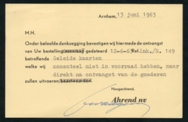 Firma briefkaart ARNHEM 1963 met vlagstempel ARNHEM-STATION naar Loenen