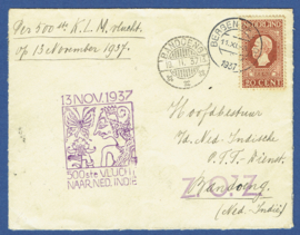 500e VLUCHT NAAR NED. INDIË. 13 NOV. 1937. Bergen op zoom-Bandoeng.  Indië JAMBOREE zegels.