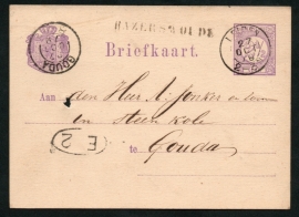 G - Briefkaart met langstempel HAZERSWOUDE en kleinrondstempel LEIDEN naar GOUDA.