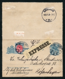 Postblad G 15 met bijfrankering en langebalkstempel AMSTERDAM naar Kopenhagen. EXPRESSE.